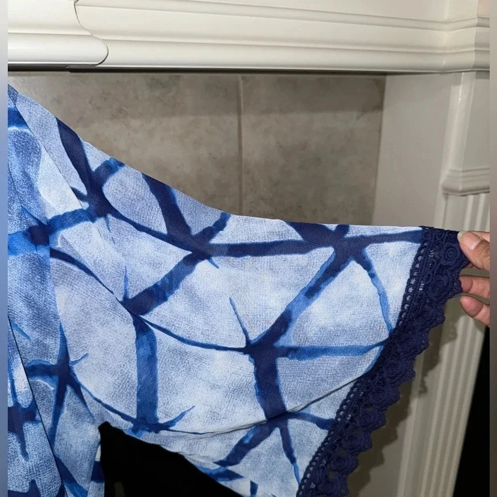 NWT LulaRoe Blue White Ocean Water Long Duster Crochet Lace Trim Womens M